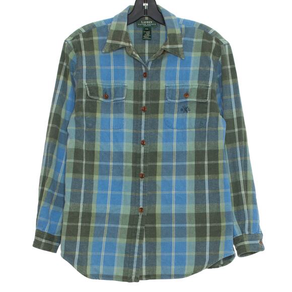 Lauren Ralph Lauren Top Outdoor Camping Rustic Flannel Button Up Green P Petite - Picture 1 of 3